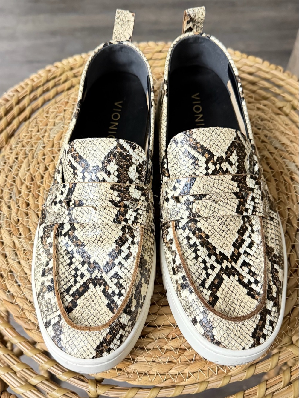 Vionic Snake-Print Penny Loafers in Beige and Brown